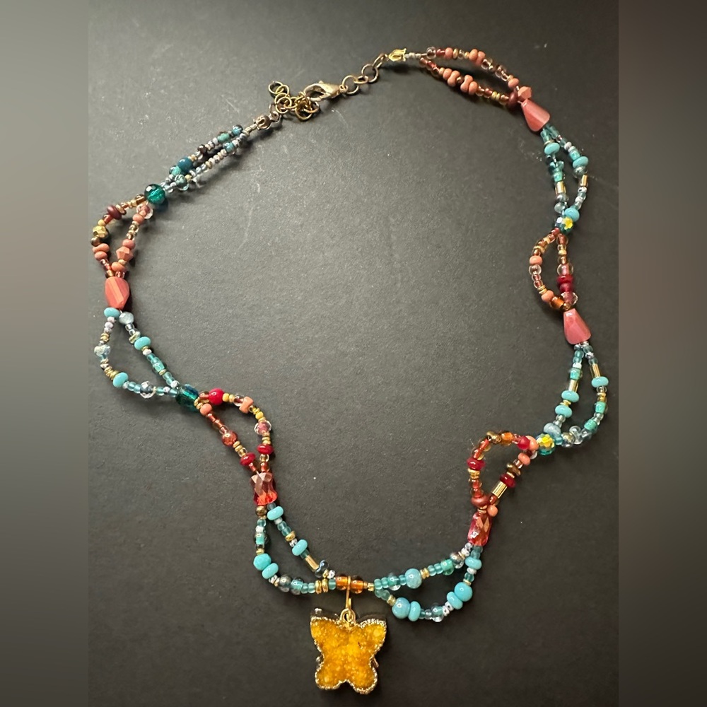 Hand Crafted Multicolor Beaded Necklace with Butterfly Pendant